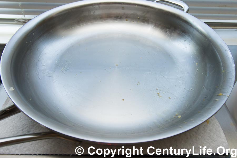 Demeyere Proline after frying four eggs using the low-and-slow method (preheat pan on medium, add oil, cook at medium heat, flip over and turn the heat to low so that the pan's stored heat can gently finish the cooking). After this photo was taken, I cleaned the pan with just one wipe from a soapy sponge. Who needs Teflon when you can get results like that on Silvinox?